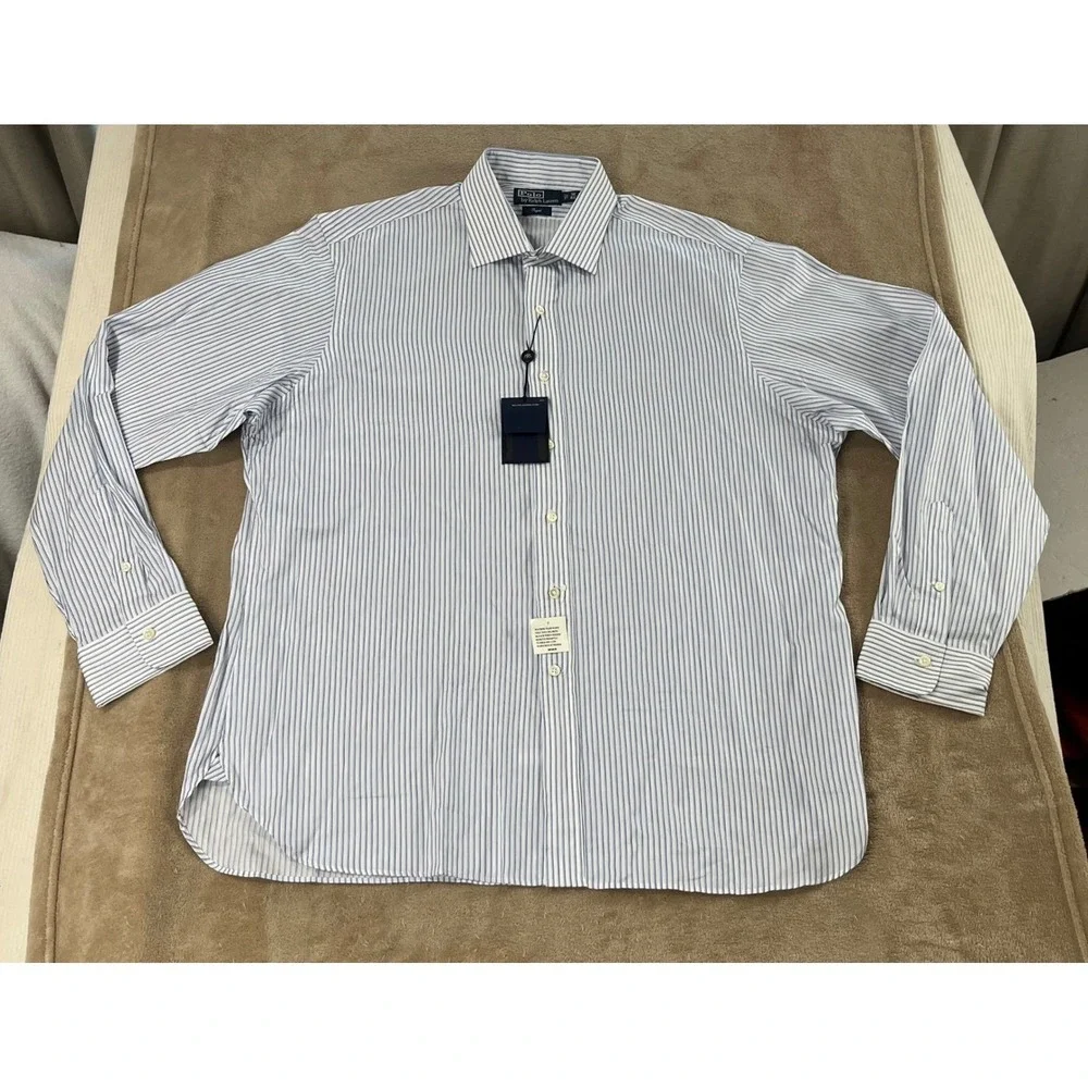 Vintage Polo by Ralph Lauren Regent Striped Dress Shirt Mens 18 Neck 46 Blue NEW